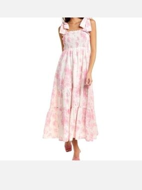 Kathleen Maeve Linen Blend Smocked Tie-Shoulder Pink Floral Maxi Dress